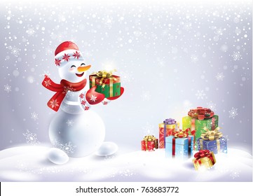 2022 Christmas snowy landscape snowman and gift box, beautiful presents, snowflakes falling, bokeh lights, snowfall, snow mountain background blank page for Merry Christmas and New Year greeting card