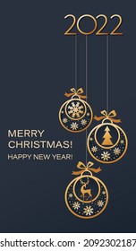 2022. Christmas toys. Festive garland with deer, fir tree and snowflakes on christmas balls. Winter