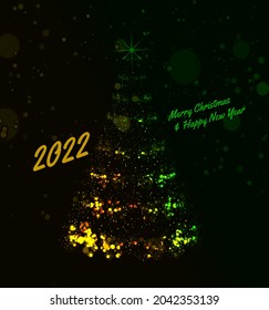 2022 Christmas Tree Vector Background illustration with christmas lights on dark background