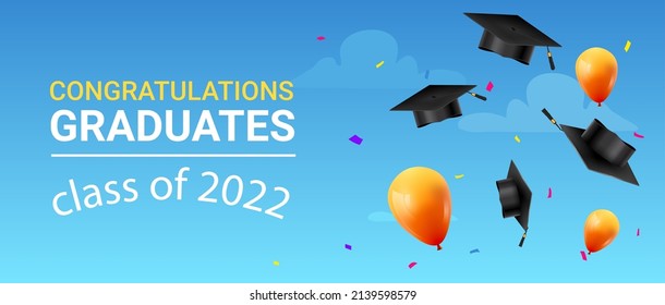 2022 class background hat in air banner. Graduation 2022 class party congrats success design background