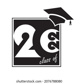 2022 Class of with Graduation Cap. Cover of card for 2022 graduation. Creative design for your greetings card, Flat simple design on white background, card, invitation, greeting, albom