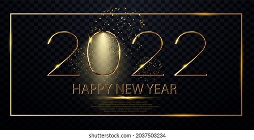 2022, Classy 2022 Happy New Year background. Elegant gold text with light. Party poster, banner or invitation gold glittering stars confetti glitter decoration. Minimalistic text template.