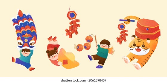 2022 CNY elements. Illustration of a tiger carrying firecrackers on back, Asian boys playing with lanterns and lion dance and another girl holding a gold ingot isolated on pale yellow background  - Shutterstock ID 2061898457