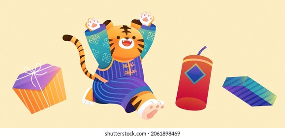 2022 CNY Elements. Illustration Of Tiger In Chinese Costume Running With Both Hand Raised High, Striped Giftboxes And A Firecracker Decoration Isolated On Khaki Background