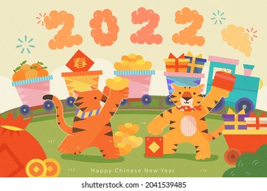 2022 CNY greeting card. Two cute tigers celebrating big harvest on Spring Festival and rail freight in the background shipping their New Year cargo, one of the minecart has a couplet written Spring 