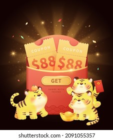 2022 CNY sale promo template. Shining red envelope full of coupons with cute tigers playing around