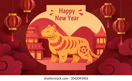 2022 CNY template in Asian silhouette style. Eastern landscape and tiger silhouette in lantern shape frame. Concept of Chinese new year zodiac sign tiger.