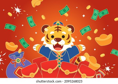 2022 CNY Year of the Tiger card. Illustration of a girl and tiger being happy with the lucky money they get and a lucky tree placed in the background. Translation: Blessed tiger bringing wealth