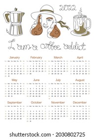 2022 сalendar coffee woman in hat in A4 format, week starts on Sunday, page template, monthly wall calendar 2022, set of 12 months. Vector illustration