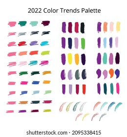 2022 color trends palette on brush strokes - velvet violet, pacific pink, calming coral. Vector stock illustration isolated on white background. EPS 10