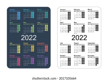 2022 colorful and monochrome months full year calendar grid, pocket size layout