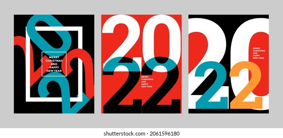 2022 colorful set of Happy New Year posters. Abstract design typography logo 2022 for vector celebration and season decoration, backgrounds, branding, banner, cover, card and or social media template.