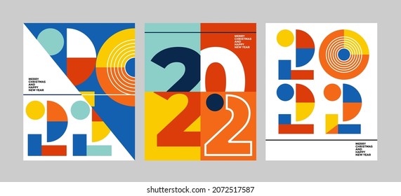 2022 colorful set of Happy New Year posters. Abstract design typography logo 2022 for vector celebration and season decoration, backgrounds, branding, banner, cover, card and or social media template.