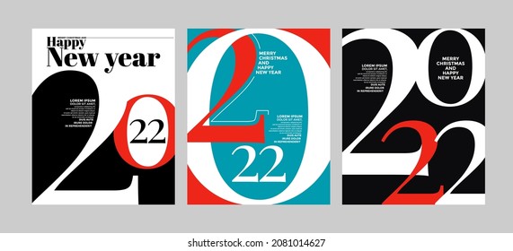 2022 colorful set of Happy New Year posters. Abstract design typography logo 2022 for vector celebration and season decoration, backgrounds, branding, banner, cover, card and or social media template.