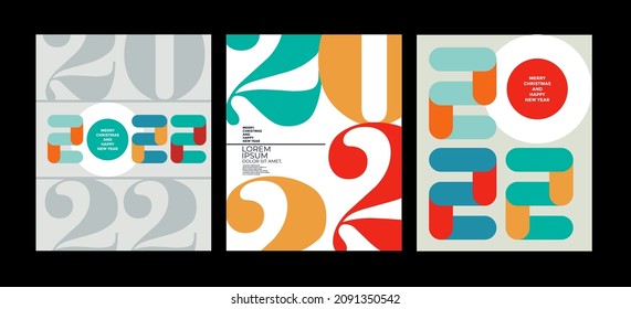 2022 colorful set of Happy New Year posters. Abstract design typography logo 2022 for vector celebration and season decoration, backgrounds, branding, banner, cover, card and or social media template.