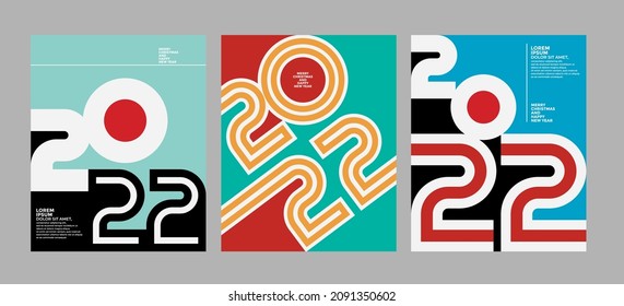 2022 colorful set of Happy New Year posters. Abstract design typography logo 2022 for vector celebration and season decoration, backgrounds, branding, banner, cover, card and or social media template.