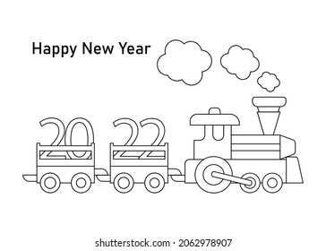 2022 , Coloring book page for kids. Numbers ride the train . Vector Children's illustration