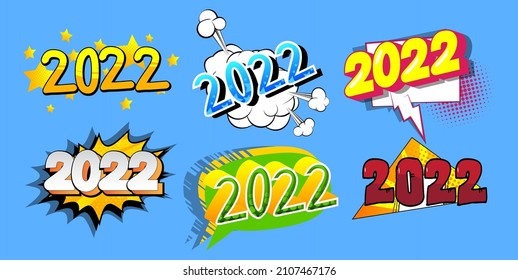 2022. Comic book text on abstract comics background. Retro pop art style illustration. Future business career, New Year goals, goal concept.