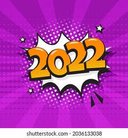 2022 comic speech bubble New Year vector icon on purple background. Comic sound effect, stars and halftone dots shadow in pop art style. Holiday illustration