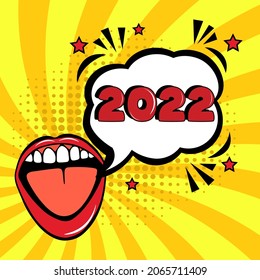 2022 comic speech bubble New Year. Holiday illustration. Retro comic speech bubble with colorful halftone shadow. Number 2022 text for New Year. Vector illustration, vintage design, pop art style.