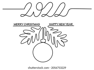 2022 Continuous one line drawing of a  new year text. 2022 handwritten lettering. Celebration New Year concept isolated on white background. Christmas tree toys in one line. Vector illustration