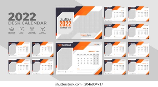 2022 diseño de plantillas de calendario de escritorio para impresión empresarial. Nuevo año calendario moderno de oficinas con gráfico geométrico abstracto. Planificador anual o mensual con logotipo e icono.