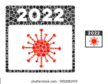 2022 covid calendar page collage of filled circles in variable sizes and shades. Vector filled circles are composed into 2022 covid calendar page composition.