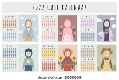 Vector de calendario lindo imprimible anual 2022 con ilustración de chica musulmana