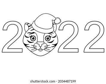 2022 with cute tiger face in santa hat, year of the tiger vector linear lettering. Outline. New Year's tiger lettering with head in a hat 2022 - an element for coloring