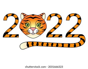 2022 with cute tiger face and tail, year of the tiger vector full color striped lettering. Year of the tiger. New Year's tiger lettering with head 2022