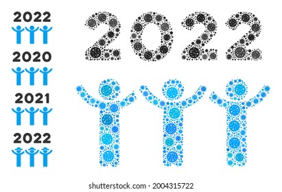 2022 dancing people covid mosaic icon. 2022 dancing people collage is shaped from scattered viral icons. Bonus icons are added. Flat style.