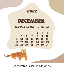 2022 december calendar with abstract shapes and tiger. Colorful modern calendar with trending colors, monthly planner. Vector hand drawn illustration. Modern simple design. Winter month