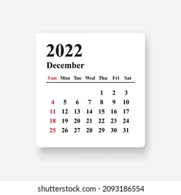 2022 December Calendar design. Simple design.