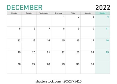 2022 December illustration vector desk calendar weeks start on Monday in light green and white theme