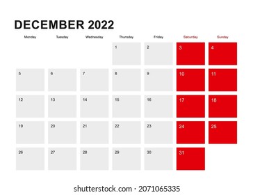 2022 Diciembre diseño del calendario planificador. La semana comienza el lunes. Ilustración vectorial.