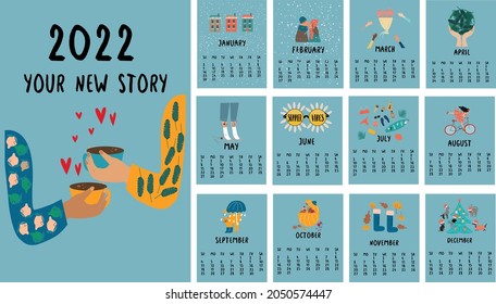 2022 сalendar design. Calendar design.  Vertical cartoon artistic vector illustrations. Set of 12 months.