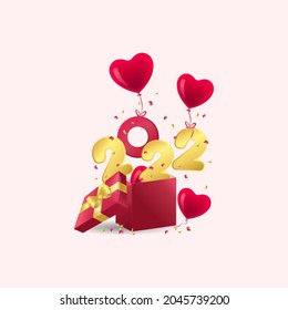 2022 design. Open gift box full of decorative numbers 2022 and heart shape balloon. Holiday banner, web poster, flyer, stylish brochure, greeting card, cover. Vector illustration