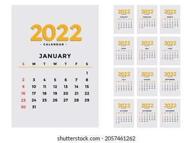 2022 с diseño alendar. Conjunto de 12 meses. 2022. La semana comienza el domingo. Diseño de calendario. Plantilla de página de calendario editable, ilustración de vector abstracto