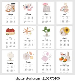 2022 сalendar design template. Monthly wall calendar, set of 12 months. Cute objects such as christmas tree, donuts, coffee, camera, tulips, rabbit, sunflower, monstera leaf, mandarin