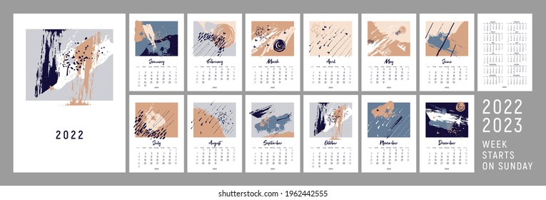 2022 сalendar design. Week starts on Sunday. 2022, 2023. Calendar design. Editable calender page template A4, A3. Vertical. Abstract artistic vector illustrations. Pastel background. Set of 12 months.