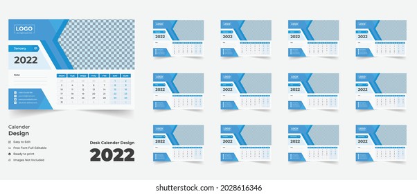  2022 desk calendar with blue layout, Blue desk calendar 2022, New Desk Calendar 2021 template 12 months included, Happy New Year 2022 , Calendar for 2022 year. Week starts Sunday.