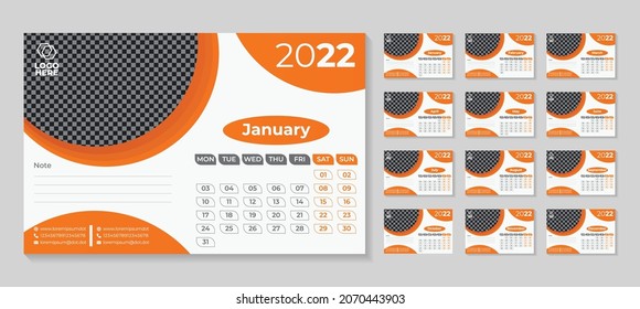 2022 desk calendar design. This fresh orange 2022 desk calendar design download for new year 2022. This planner organizer schedule is minimal for business corporate professional use Week start monday