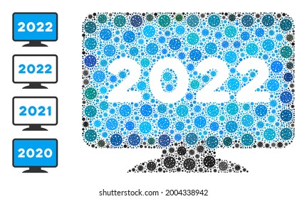 2022 display screen covid-2019 mosaic icon. 2022 display screen collage is done with randomized covid icons. Bonus icons are added. Flat style.