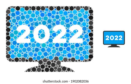 2022 muestra un mosaico de pantalla de elementos de círculo en varios tamaños y tonos de color. Los elementos de círculo vectorial se combinan en mosaico de pantalla de 2022. Pantalla de 2022 aislada en un fondo blanco.