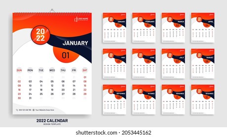 2022 Elegant and stylish poster calendar design, orange abstract new year date planner design template layout