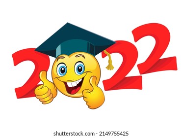 2022  emoji smile in graduation cap. Template for greeting, invitation card graduation party.  Vector on transparent  background