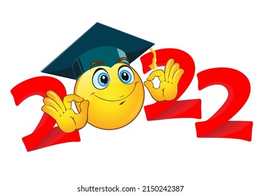 2022  emoji smile in graduation cap. Template for greeting, invitation card graduation party.  Vector on transparent  background