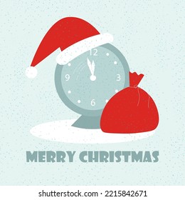 2022 End, 2023 new year, concept banner. Clock in Santas hat under the snow, and next to it is a sack of Santa Claus.