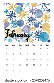 2022 English Calendar February. Vector Illustration of Hand Drawn Watercolor with Handwritten Lettering.