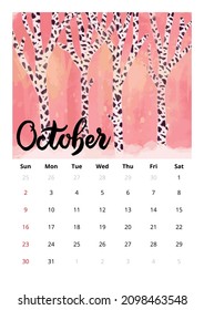 2022 English Calendar October. Vector Illustration of Hand Drawn Watercolor with Handwritten Lettering.